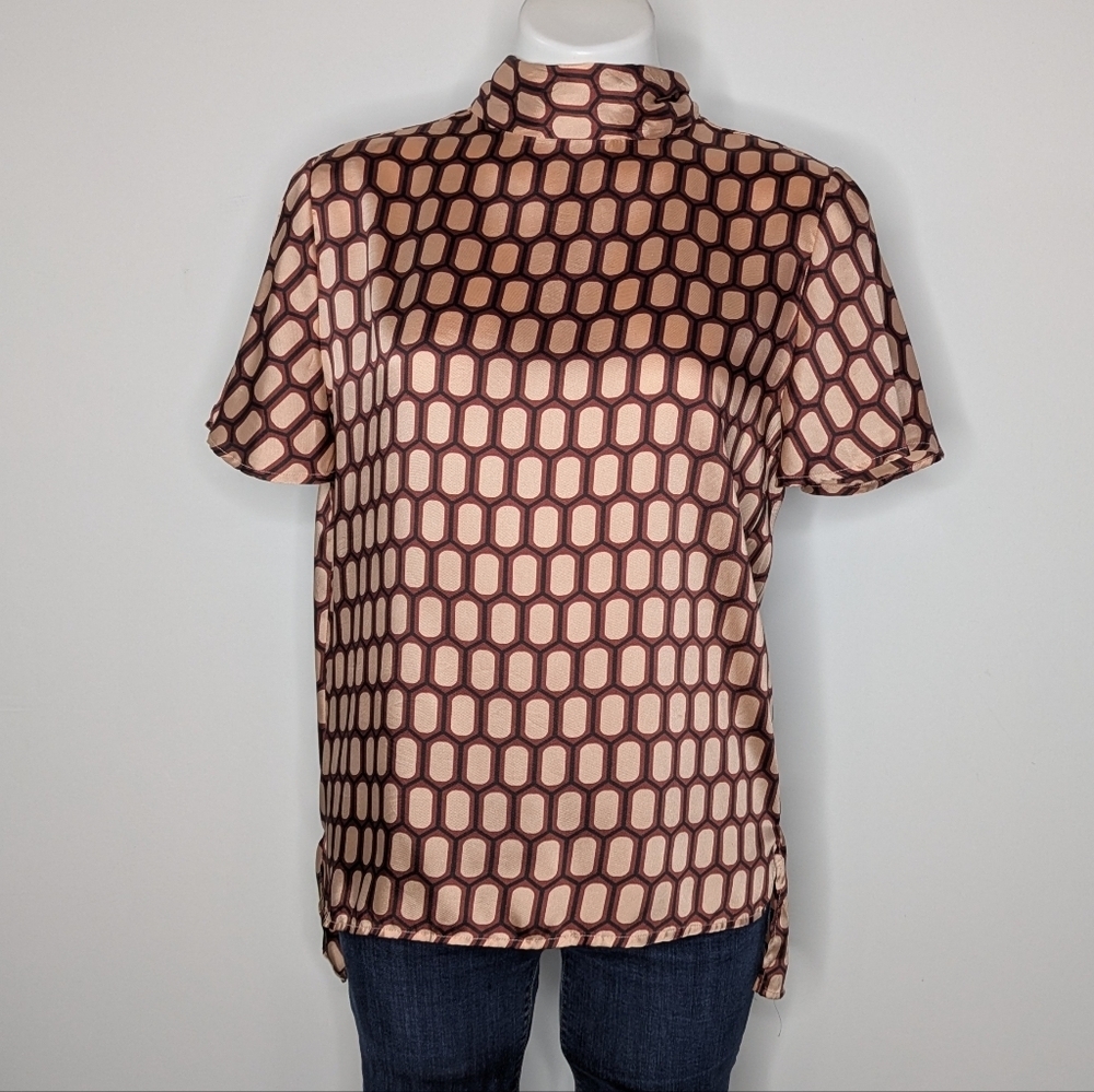 Zara Brown Tan Geometric Satin Tie Men Short Sleeve Blouse M